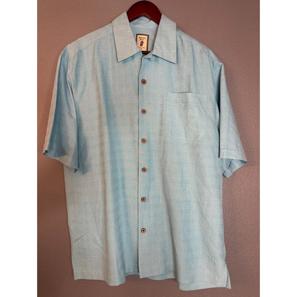 Jamaica Jaxx Men's M 100% Silk Light Blue Jacquard Camp Shirt Button Front